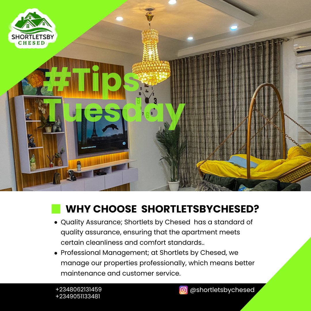 chesedshortlets's tweet image. #tipstuesday
Our team is dedicated to providing a seamless experience, ensuring your stay is comfortable and stress-free. From spotless cleanliness to prompt assistance, we’ve got you covered.
#tipstuesday #shortletsbychesed  #chesedhomes #shortletslekki #qualitystay #explorepage