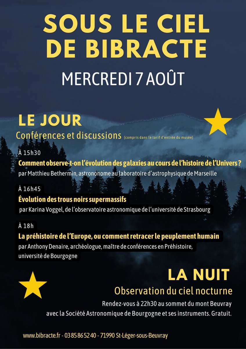 Bibracte (@bibractebeuvray) on Twitter photo ⭐️"Sous le ciel de Bibracte", c'est demain mercredi, avec à partir de 15h30 les conférences de <a href="/MatBethermin/">Matthieu Bethermin</a> et <a href="/KarinaVoggel/">Karina Voggel ✨🔭🏃🏼♀️</a> et du préhistorien Anthony Denaire.
⭐️Et le soir observation du ciel étoilé avec la Société astronomique de Bourgogne. ⭐️"Sous le ciel de Bibracte", c'est demain mercredi, avec à partir de 15h30 les conférences de <a href="/MatBethermin/">Matthieu Bethermin</a> et <a href="/KarinaVoggel/">Karina Voggel ✨🔭🏃🏼♀️</a> et du préhistorien Anthony Denaire.
⭐️Et le soir observation du ciel étoilé avec la Société astronomique de Bourgogne.