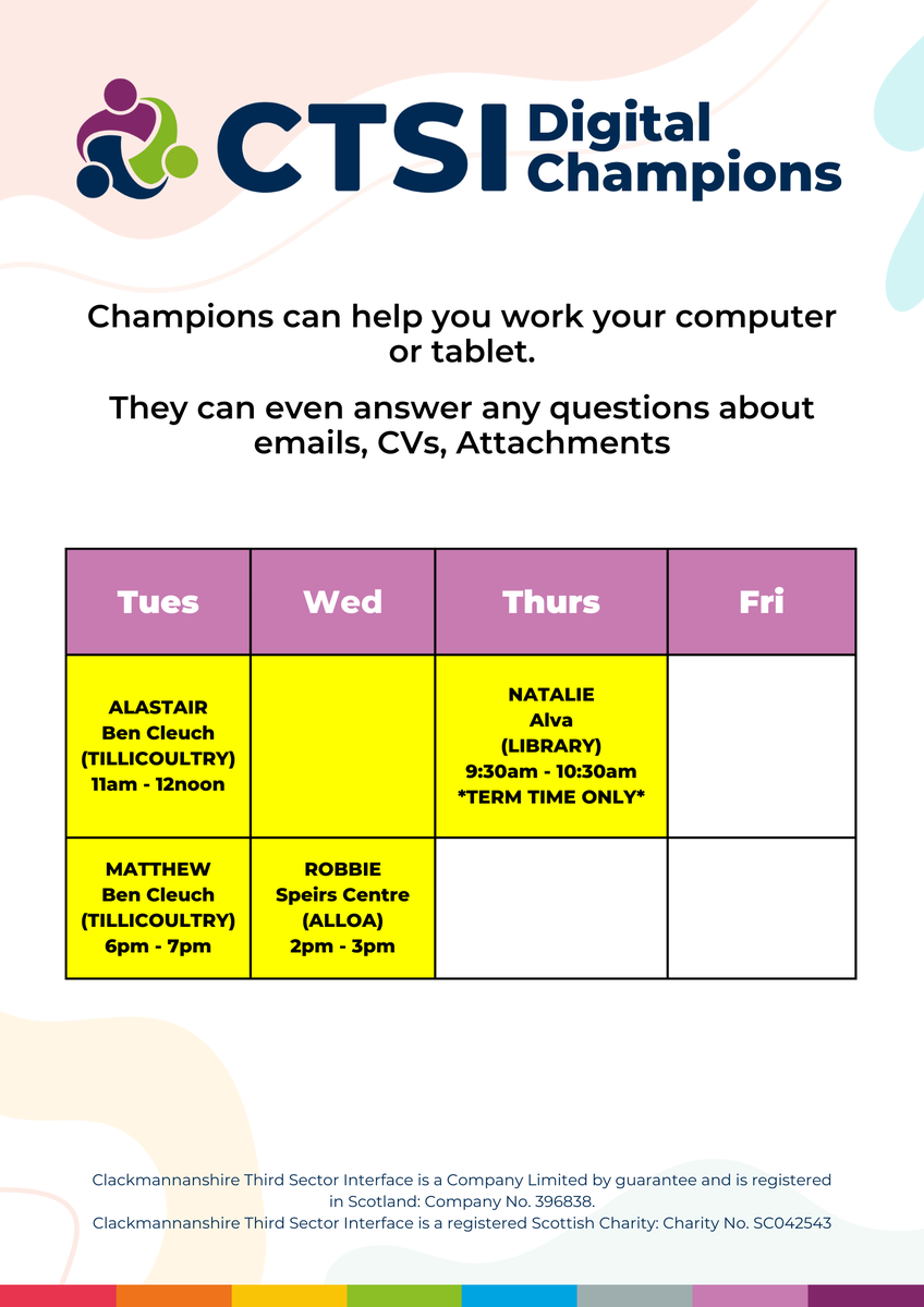 clacksCTSI's tweet photo. Do you need help with your computer or tablet? ๐ป
The Digital Champion volunteers provide drop-in sessions across the #WeeCounty ๐
Find out where they are located near you โฌ๏ธ https://t.co/pCHaD3wQRW
