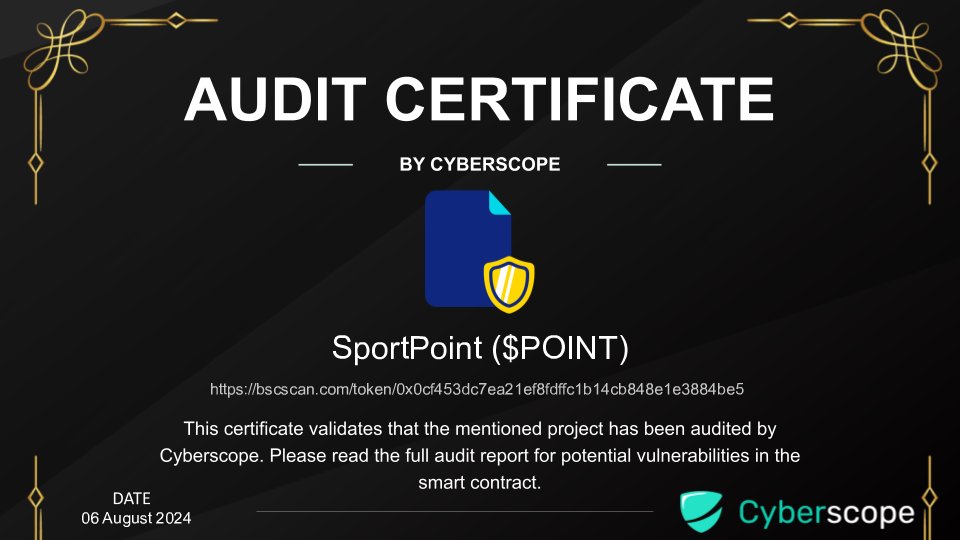 We just finished auditing
 <a href="/SportPoint_app/">SportPoint</a>

Check the link below to see their full Audit report.
cyberscope.io/audits/point

Want to get your project Audited?
cyberscope.io

#Audit #SmartContract #Crypto #Blockchain