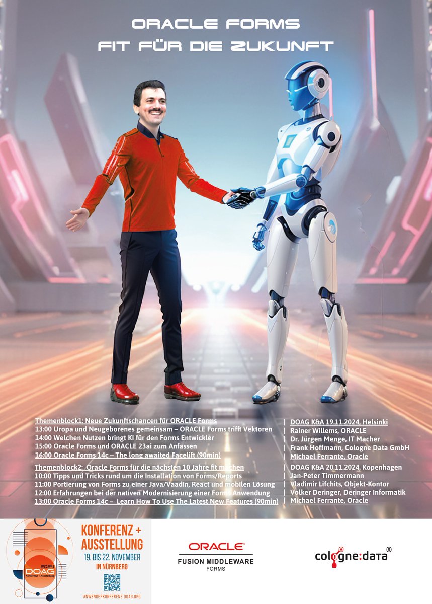 colognedata's tweet photo. Dieses Jahr lohnt sich für jeden #OracleForms Entwickler der Weg zu der großen #DOAG K&A in Nürnberg vom 19-22.11.2024. Startet mit Forms 14.1.2 und DB Client 23 (LTR 2032+) und #Oracle 23ai in das nächste Jahrzehnt und nutzt die Power der Community. Anmeldung über den QR Code. https://t.co/9P0McdNwq8