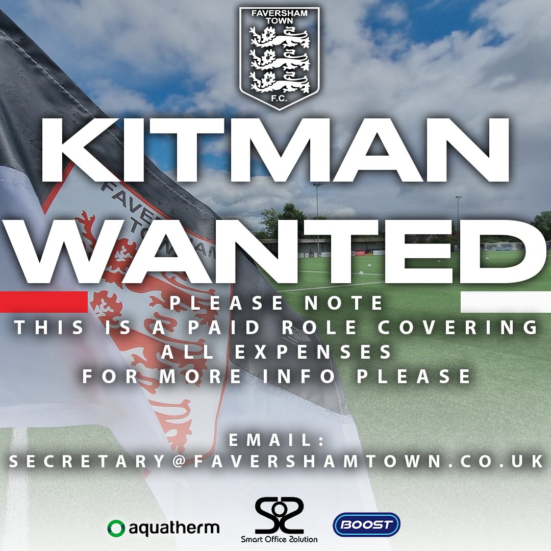 FavershamTownFC's tweet photo. WANTED 

Faversham Town are looking for a kit man to join the clubs staff. this is a paid role covering all expenses. 

For more info please email:  secretary@favershamtown.co.uk

Come and join us here at the Lilywhites 🦁🦁🦁 https://t.co/m7lCXaA7LR