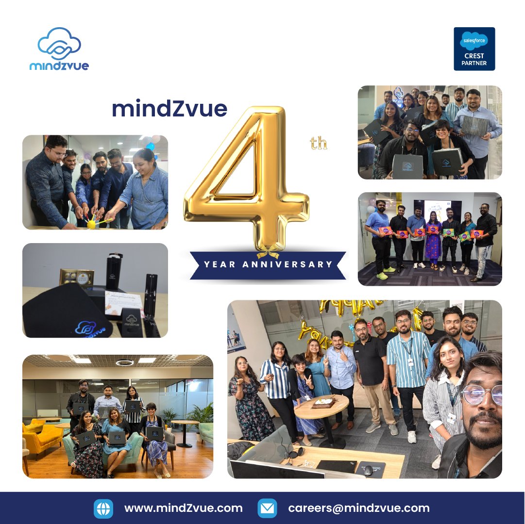 MindZvue's tweet image. 🎉 mindZvue turned FOUR! 🎉

What a blast celebrating our 4th anniversary across Nagpur, Pune, and with our awesome remote team! 🥳 Games, gifts, and non-stop fun – this is what happens when the mindZvue family comes together! 
#mindZvueTurnsFour  #SalesforceCrestPartner