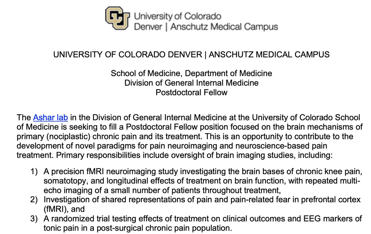I am hiring a post-doc!!

Focus on precision fMRI of chronic pain &amp; emotion, and how treatments change the brain to relieve chronic pain

Treatments like PRT (jamanetwork.com/journals/jamap…)

Full posting: cu.taleo.net/careersection/…

If you are here, find me to discuss! #IASP2024 

Pls RT