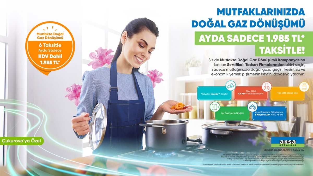 Çukurova bölgemize özel Mutfaklarınızda Doğal Gaz Dönüşümü KDV dahil Ayda Sadece 1.985 TL Taksitle! Kampanyaya katılan sertifikalı tesisat firmalarından birini seçerek siz de hemen sadece mutfağınızda doğal gaza geçin. 

Detaylı bilgi için: bit.ly/4d9U8xA