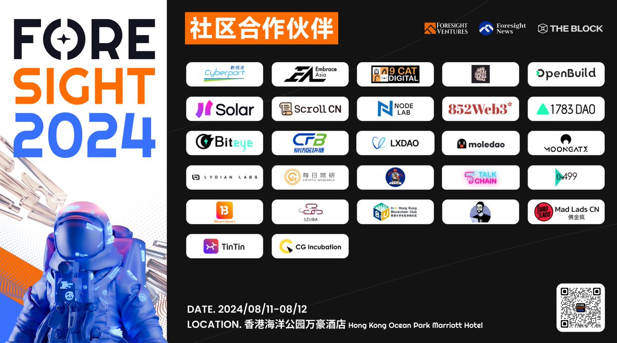 🛸「FORESIGHT 2024」年度峰会最强音 🛸

⌛️最后倒计时 4 天

🚀100+ Web3 &amp; Crypto 重磅嘉宾齐聚香江，联袂出席 #FORESIGHT2024 ，也感谢所有媒体 &amp; 社区合作伙伴的热情支持

🗓️8 月 11 日-12 日 · 香港海洋公园万豪酒店

🇭🇰 我们在现场，等你来！

🔗大会完整信息：foresightnews.pro/foresight2024