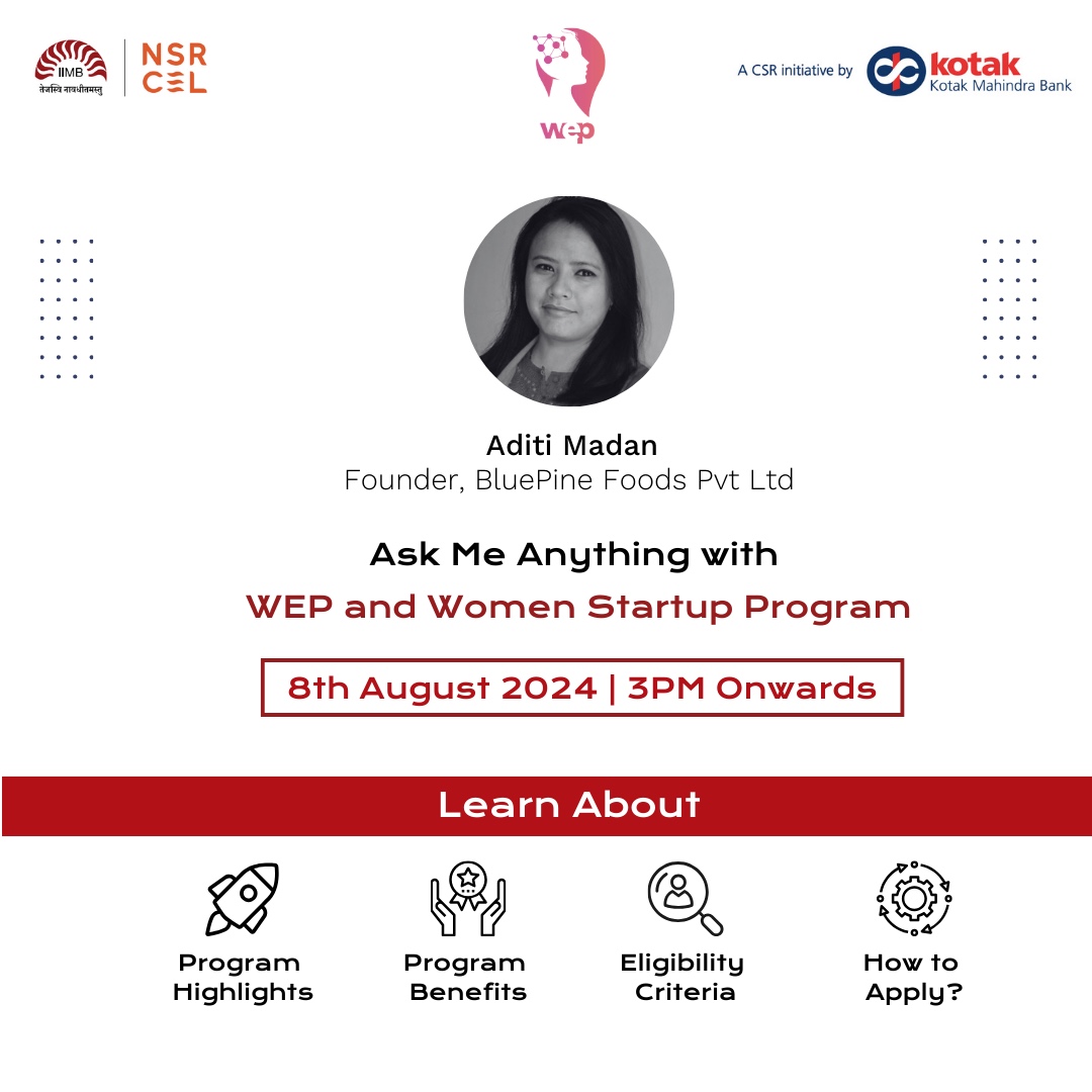 nsrcel's tweet image. Join our #AMA session with @wep_community Aditi Madan, Founder of @BluepineFood, from the #WomenStartupProgram.

Explore #program benefits, hear #successstories, and get your questions answered by experts.

🔗 RSVP: forms.gle/zuM1xfZepc3yWz…

#NSRCEL #IIMB #WEP #WomenInBusiness