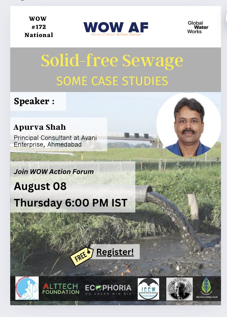 AltTech_Foundtn's tweet photo. Continuing the conversation on waste water treatment, we have Ahmedabad-based Apurva Shah, an IPA leader and veteran PHE consulting professional, present on SFS. 
*Register at*https://t.co/awJ3VG2unb and join the link that your mail will get. Thursday, Aug 8, at 6 PM IST. https://t.co/PSdzKIYVGI