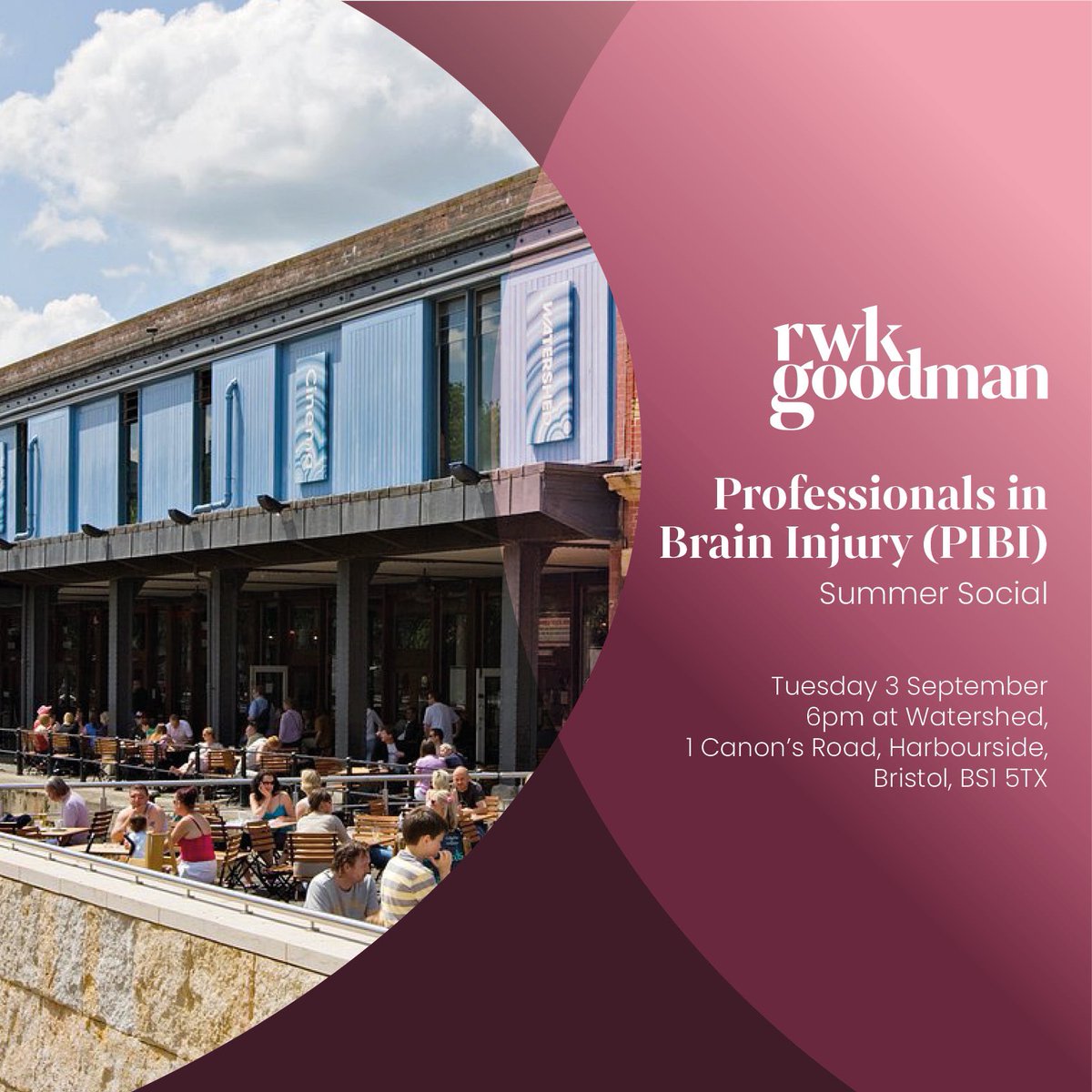 RWK Goodman Personal Injury (@rwkg_persinjury) on Twitter photo Join us for the next Professionals in Brain Injury event - an end of summer social at the Watershed in Bristol
If you haven’t been to a PIBI event before, please do come along. We are a friendly and informal group and would love to meet you for drinks
RSVP with <a href="/CharlotteW_RWK/">Charlotte Webb</a> Join us for the next Professionals in Brain Injury event - an end of summer social at the Watershed in Bristol
If you haven’t been to a PIBI event before, please do come along. We are a friendly and informal group and would love to meet you for drinks
RSVP with <a href="/CharlotteW_RWK/">Charlotte Webb</a>
