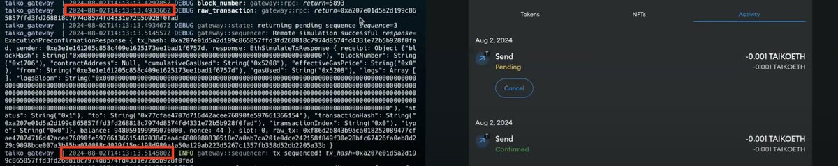 Jünger (@junger0x) on Twitter photo Gattaca’s demo from sequencing call #12. 20ms preconfirmation time on <a href="/taikoxyz/">Taiko.eth 🥁</a> in Helder testnet. Faster than centralised sequencers(200-300ms in Arbitrum if I remember correctly).
It’s done. Gattaca’s demo from sequencing call #12. 20ms preconfirmation time on <a href="/taikoxyz/">Taiko.eth 🥁</a> in Helder testnet. Faster than centralised sequencers(200-300ms in Arbitrum if I remember correctly).
It’s done.