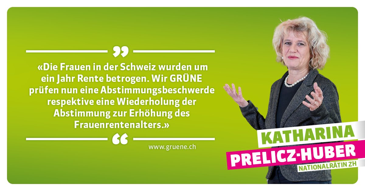 Die AHV-Finanzprognosen, mit welchen der Bundesrat für eine Erhöhung des Frauenrentenalters gekämpft hat, waren falsch. Wir GRÜNE prüfen eine Abstimmungsbeschwerde gegen die AHV 21-Vorlage. Das höhere Frauenrentenalter wurde von einer hauchdünnen Mehrheit angenommen (50.5%).
