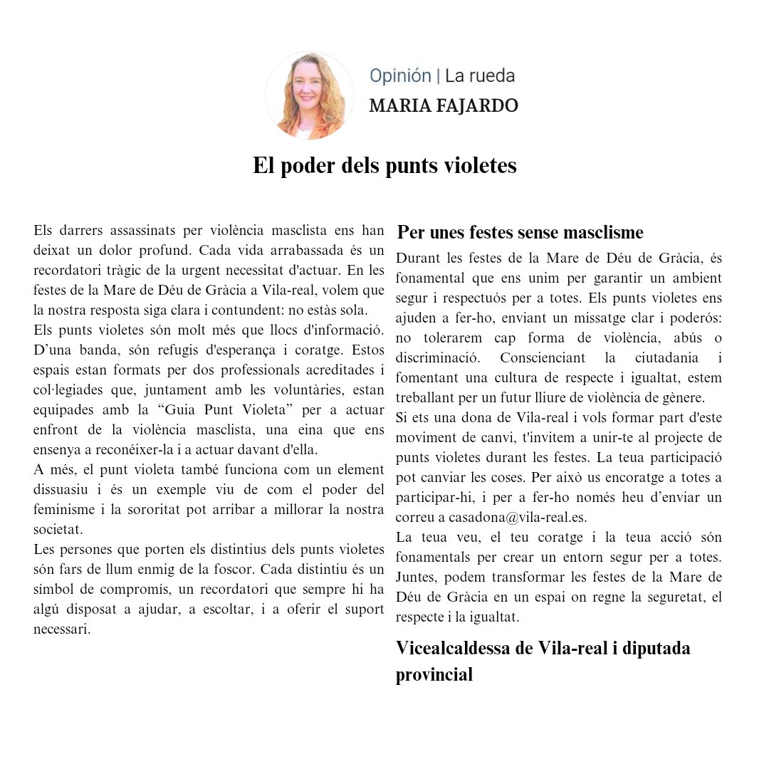 Si ets una dona de Vila-real i vols formar part d'este moviment de canvi ✊🏼 t'invitem a unir-te al projecte de punts violetes 🟣 durant les festes. La teua participació pot canviar les coses. Si voleu participar-hi només heu d’enviar un correu a casadona@vila-real.es.