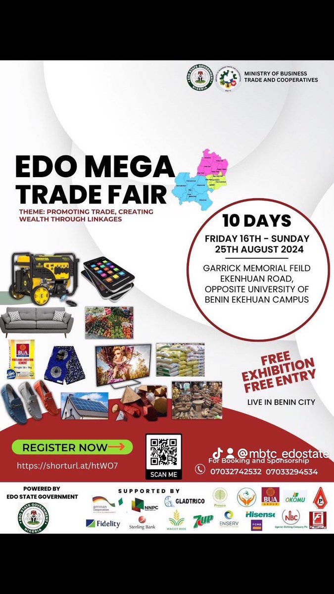 Mitc_Edostate's tweet photo. EDO Mega Trade Fair 2024

The Edo State Government, through the Ministry of Business, Trade, and Cooperatives, is thrilled to announce the upcoming Edo Mega Trade Fair.

Event Details:

📅 Dates: Friday, 16th August - Sunday, 25th August 2024

📍 Location: Garrick Memorial Field https://t.co/V9aY9TYC5d