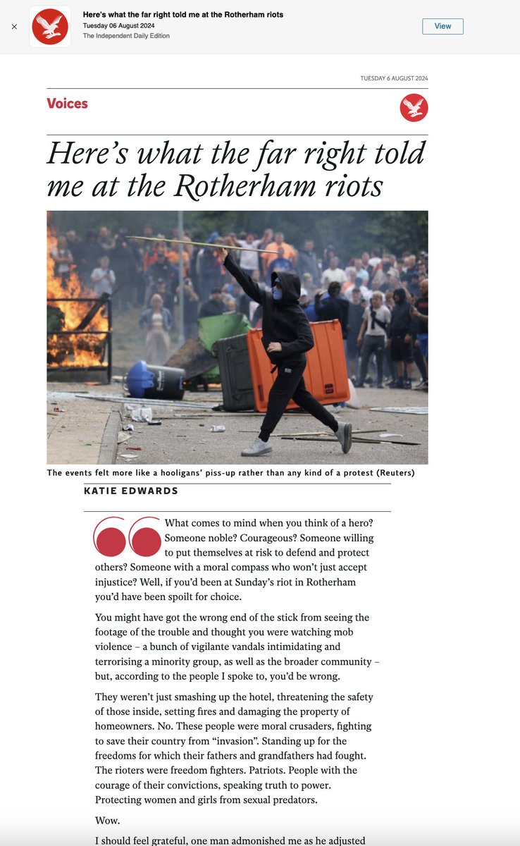 Excellent on the weirdest section of Brits that love to riot edition.independent.co.uk/edition/uk.co.… Wearing a Flag of St George to justify asking a woman "do you want to be raped" is sheer lunacy. <a href="/KatieBEdwards/">Katie Edwards ✍🏼</a> has written a definitive piece <a href="/Independent/">The Independent</a> #thugs