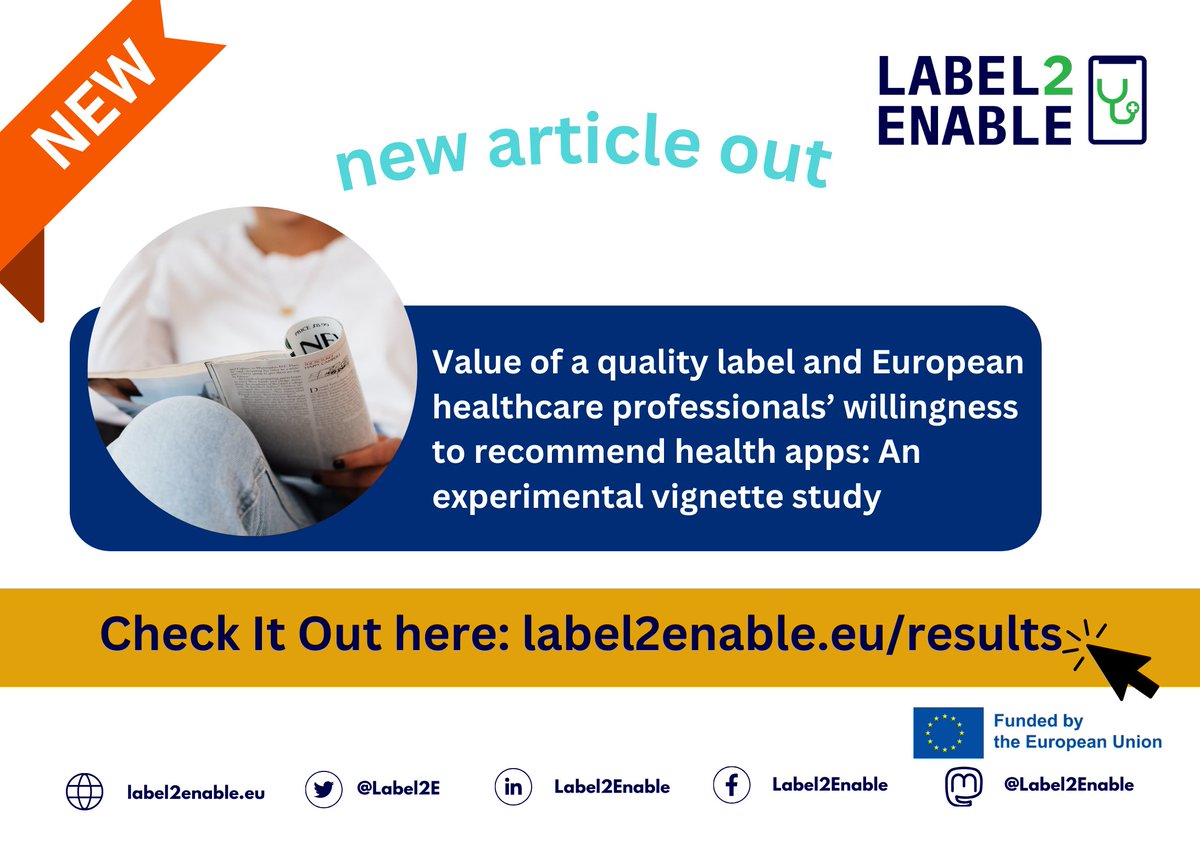 Label2Enable (@label2e) on Twitter photo 🥳Another <a href="/Label2E/">Label2Enable</a> publication, from <a href="/LUMC_Leiden/">LUMC Leiden</a> “Value of a Quality Label and European Healthcare Professionals’ Willingness to Recommend Health Apps: An Experimental Vignette Study”
📝emp.onl/fWCAl
🤝Thank you to all healthcare professionals who helped us 🥳Another <a href="/Label2E/">Label2Enable</a> publication, from <a href="/LUMC_Leiden/">LUMC Leiden</a> “Value of a Quality Label and European Healthcare Professionals’ Willingness to Recommend Health Apps: An Experimental Vignette Study”
📝emp.onl/fWCAl
🤝Thank you to all healthcare professionals who helped us
