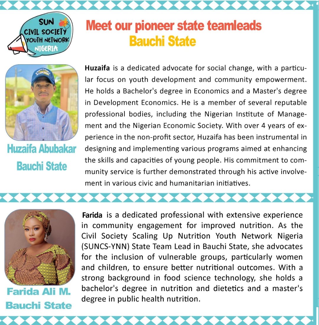 SUN Civil Society Youth Network Nigeria (@sunyouthnetnig) on Twitter photo 🚀 Meet our dynamic Team leads in Bauchi State! These youth activists are committed to ending malnutrition and ensuring food & nutrition security across Nigeria. They bring unique skills and a shared commitment to making a difference in our community. #YL4N <a href="/SUNCSN/">SUN Civil Society</a> <a href="/CS_SUNN/">SUN CSA-Nigeria</a> 🚀 Meet our dynamic Team leads in Bauchi State! These youth activists are committed to ending malnutrition and ensuring food & nutrition security across Nigeria. They bring unique skills and a shared commitment to making a difference in our community. #YL4N <a href="/SUNCSN/">SUN Civil Society</a> <a href="/CS_SUNN/">SUN CSA-Nigeria</a>