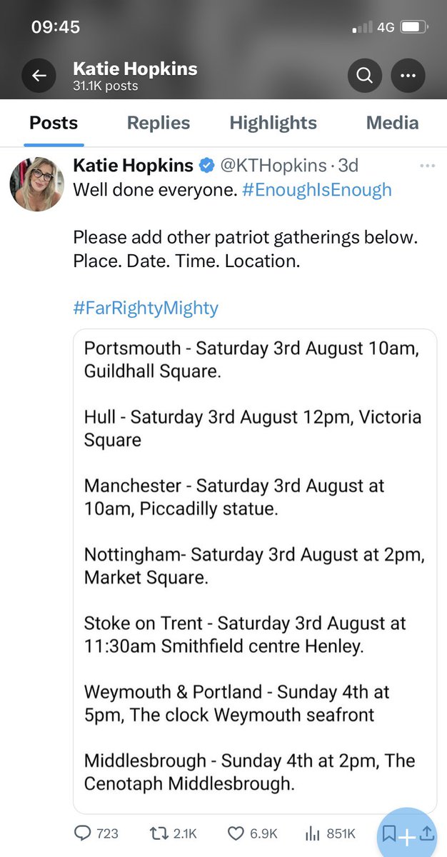 Has a warrant been issued for her arrest yet? Screen grabbed this in case she deletes it

#Southport #Birmingham #Plymouth #FarageThugs #FarageRiots #ToriesGone32 #EnoughIsEnough