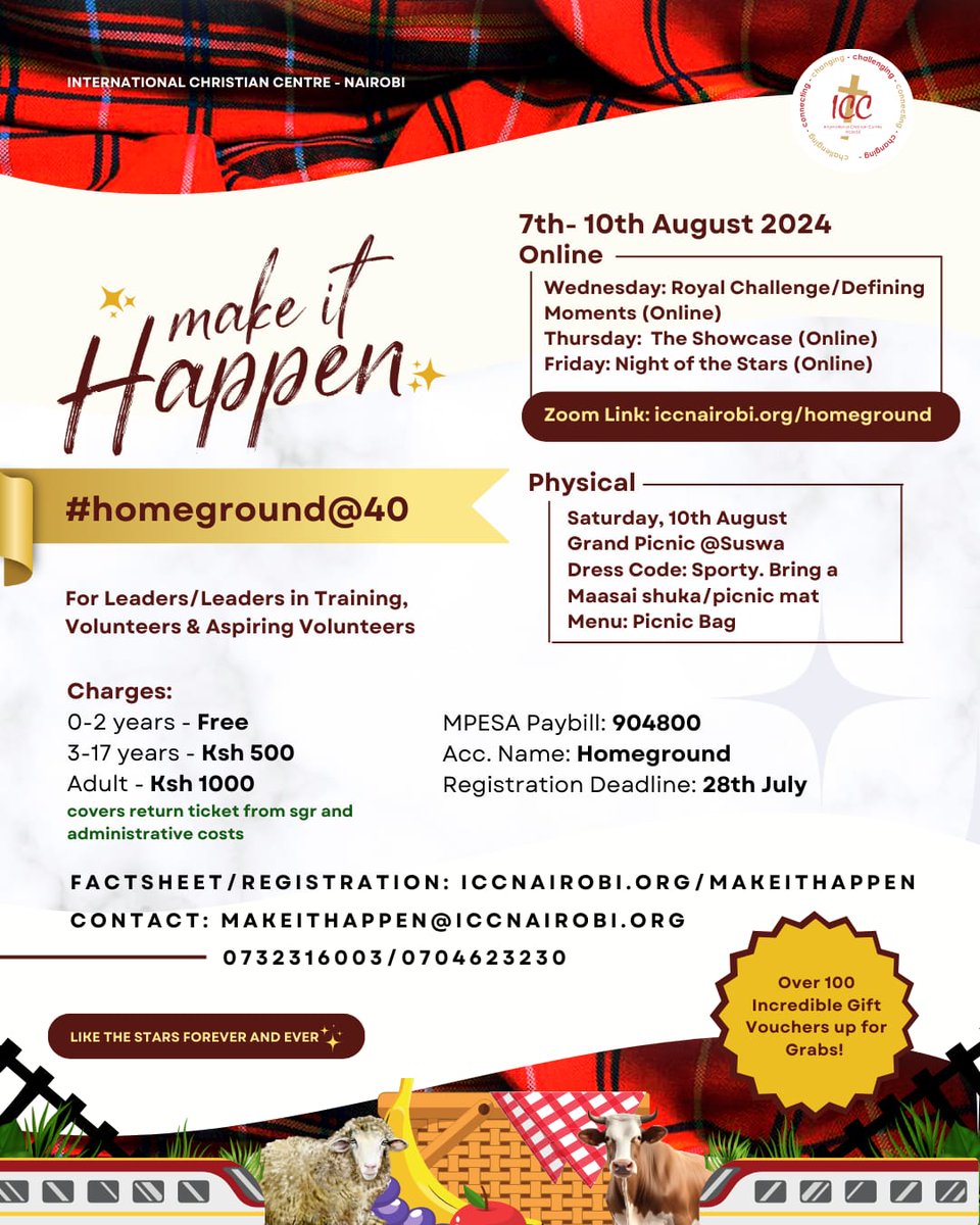 icc_nairobi's tweet image. Welcome to the week of stars - Make It Happen 2024, #homeground@40! 

Lots of fun, incredible giveaways, moments of learning &amp;amp; surprise guests, just for you! 

All our CG meets this week will be online @ iccnairobi.org/homeground 

Wednesday
7:00pm-8:00pm Royal Challenge (Just for