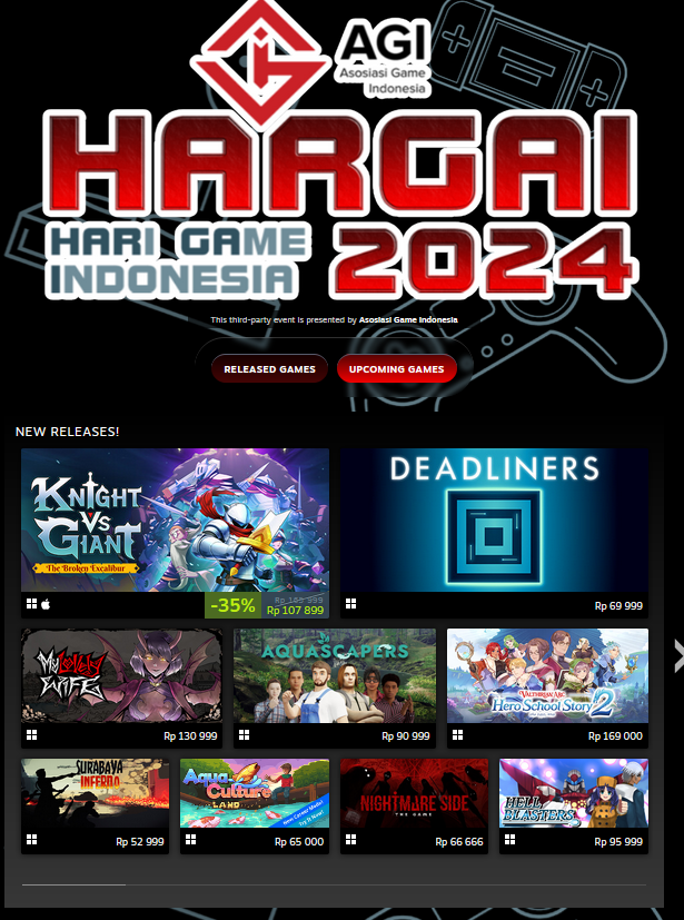 Indonesia's gaming festival is around the corner and <a href="/asosiasigame_id/">Indonesian Game Association</a> recently released a Steam Page dedicated to Indonesia-made games like Troublemaker, DreadHaunt, Hello Goodboy, or even A Space For The Unbound

store.steampowered.com/sale/HARGAI2024
