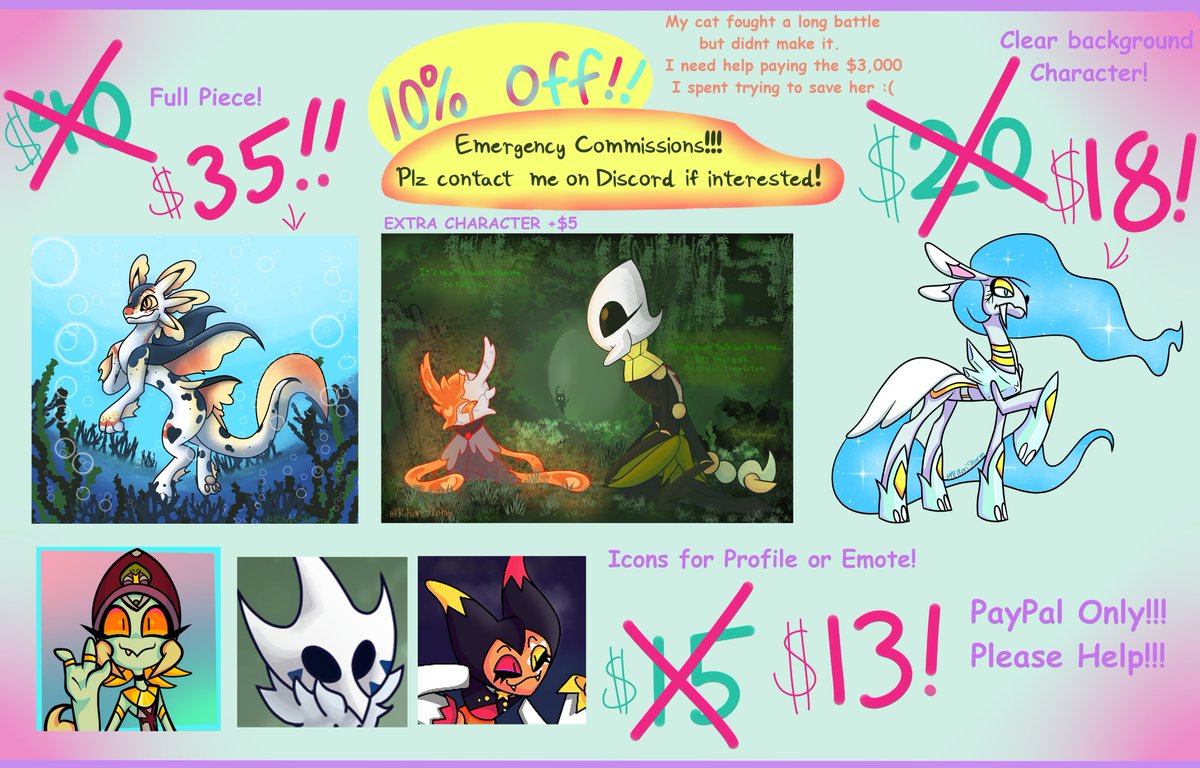 RikoriStorm's tweet image. I had the give the vet $3,000 up front. I will be cutting it close with bills for the next two months at least.  If you where interested In receiving a commission from me, now is the time! 10% discount only applies to the types of work shown below. PLEASE DM me if Interested!