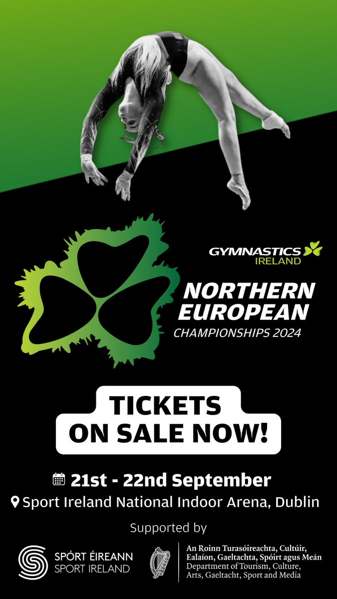 GymnasticsIre's tweet photo. The 2024 Northern European Championships come to Dublin on 21-22 Sep. This 12 nation men’s &amp; women’s event will see world class gymnasts including the 🇮🇪 Irish Team battle it out for All-Around, Apparatus &amp; Team titles. BOOK NOW👇🏻🔗
 https://t.co/3riCMznKii #NorthernEuros2024 https://t.co/t1QSt9REOb