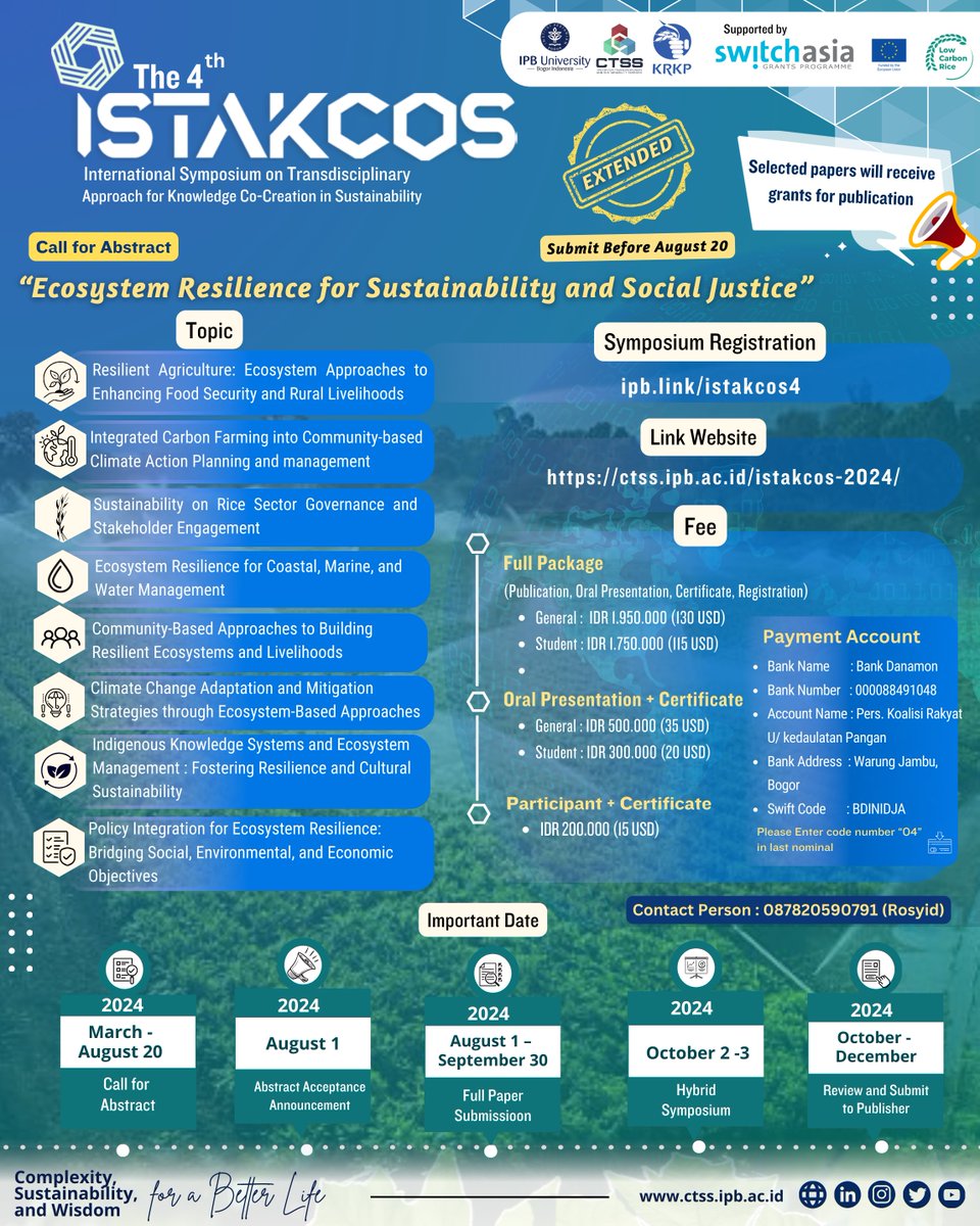 krkp_id's tweet image. 📢 #CallforAbstract: 4th ISTAKCSOS 2024

The International Symposium on Transdisciplinary Approach for Knowledge Co-Creation in Sustainability (ISTAKCOS) is a biannual event held by the Center for Transdisciplinarity and Sustainability Science (CTSS) IPB University. In 2024, CTSS…