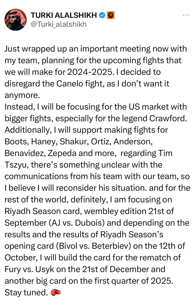 ‼️ His Excellency Turki Alalshikh has declared that he no longer plans to make Canelo Alvarez vs Terence Crawford…