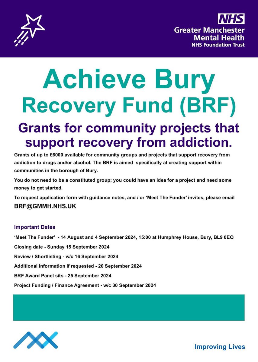 From 6 August 2024, community groups and projects that support recovery from addiction can apply for grants of up to £6,000 from the Achieve Bury Recovery Fund. (Full guidance notes available).