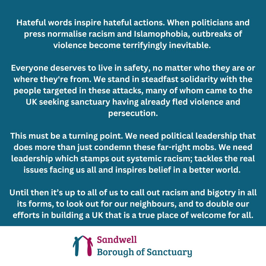 Solidarity, love and strength to everyone affected by the appalling violence we're seeing across the country.  Now more than ever, call out racism and bigotry in all its forms, look out for neighbours. Remember, there are far more of us than of them.