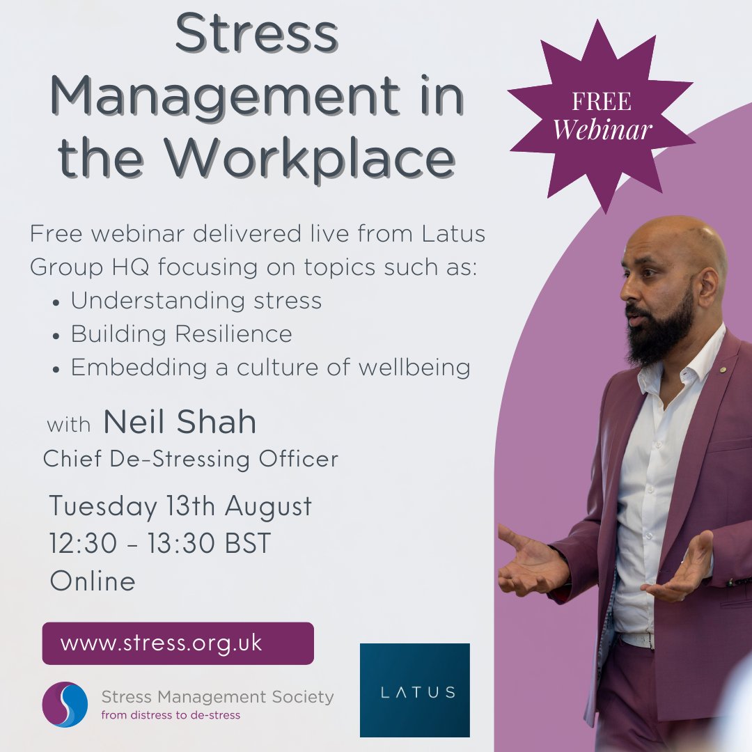 Join us for this exciting free webinar where we'll be discussing Stress Management in the Workplace. Register at stress.org.uk
Tue, 13 Aug
12:30 - 13:30 BST
Online