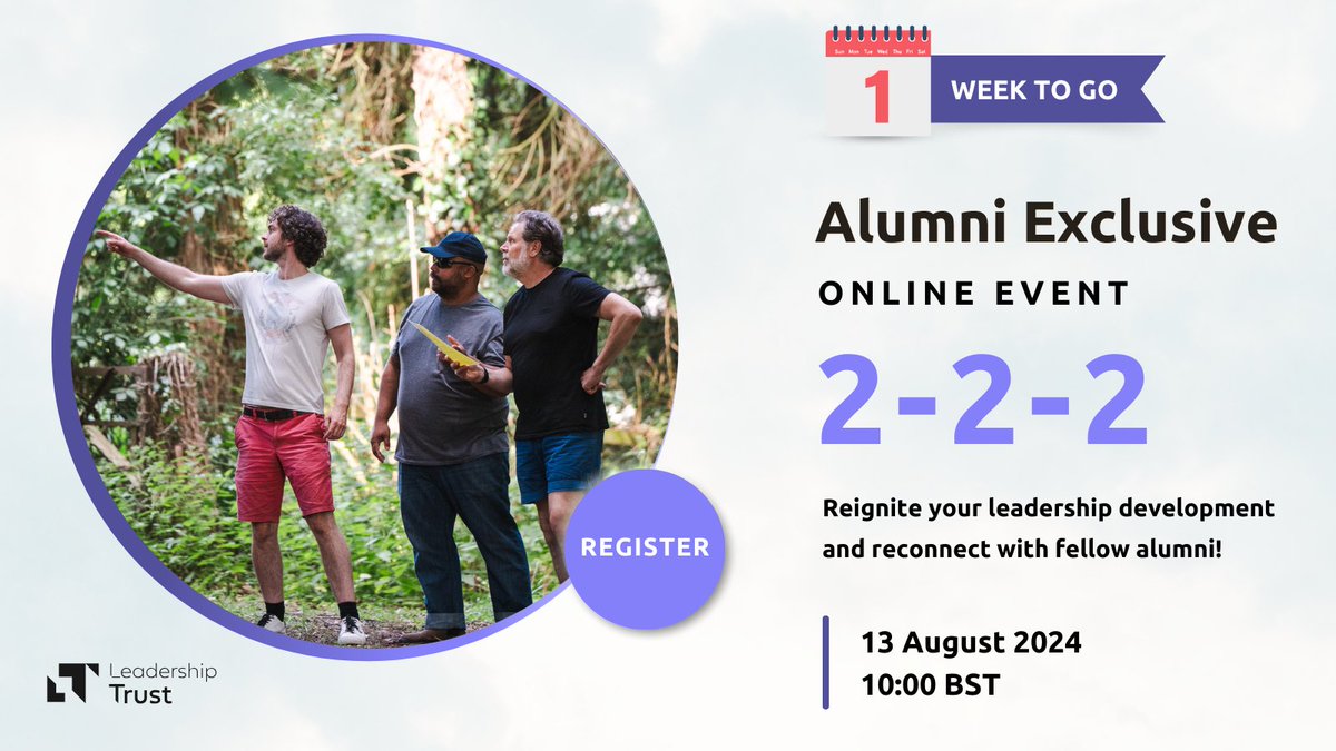 🌟 Attention Leadership Trust alumni! Friendly reminder that our online alumni exclusive 2-2-2 event is next Tuesday, August 13th from 10-11 am. Join us for an insightful session on leadership development and network with your peers.
Register now: bit.ly/3Sw1ByD