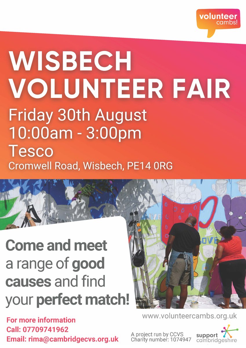 Fenland Council (@fenlandcouncil) on Twitter photo Want to find the perfect volunteering opportunity?
Join the <a href="/cambridgecvs/">CCVS #NeverMoreNeeded</a> team at the Wisbech Volunteer Fair!
📅 Friday 30 August
🕙 10am to 3pm
📍 Tesco, Cromwell Road, Wisbech
You can chat with a range of local good causes and find your perfect match! Want to find the perfect volunteering opportunity?
Join the <a href="/cambridgecvs/">CCVS #NeverMoreNeeded</a> team at the Wisbech Volunteer Fair!
📅 Friday 30 August
🕙 10am to 3pm
📍 Tesco, Cromwell Road, Wisbech
You can chat with a range of local good causes and find your perfect match!