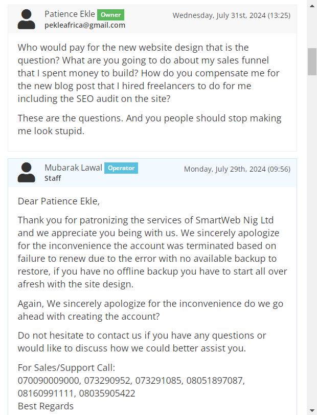 eklepatience's tweet photo. @smartwebng I paid you to renew my hosting, you confirmed the payment and went ahead to delete my website. I have written you several times to solve this issue but rather you went ahead to close the ticket that I opened. I'm going to take some legal steps against you. https://t.co/jDy5as5nSk
