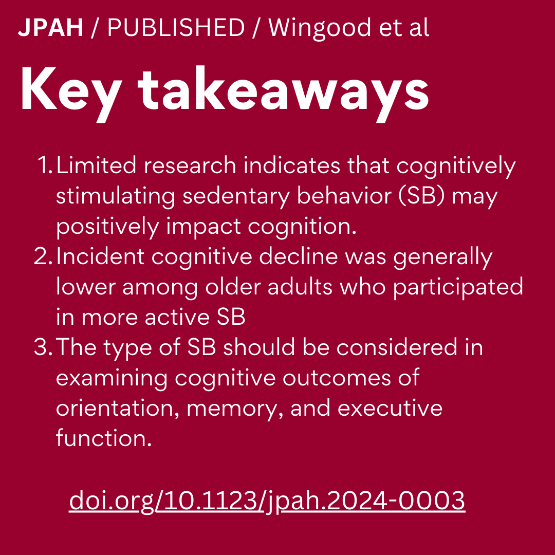 When it comes to the association between sedentary behavior (SB) &amp; cognition, not all SB is created equal. Amongst older adults, spending more time performing mentally active SB (computers, reading, hobbies) had a protective effect on orientation &amp; memory doi.org/10.1123/jpah.2…