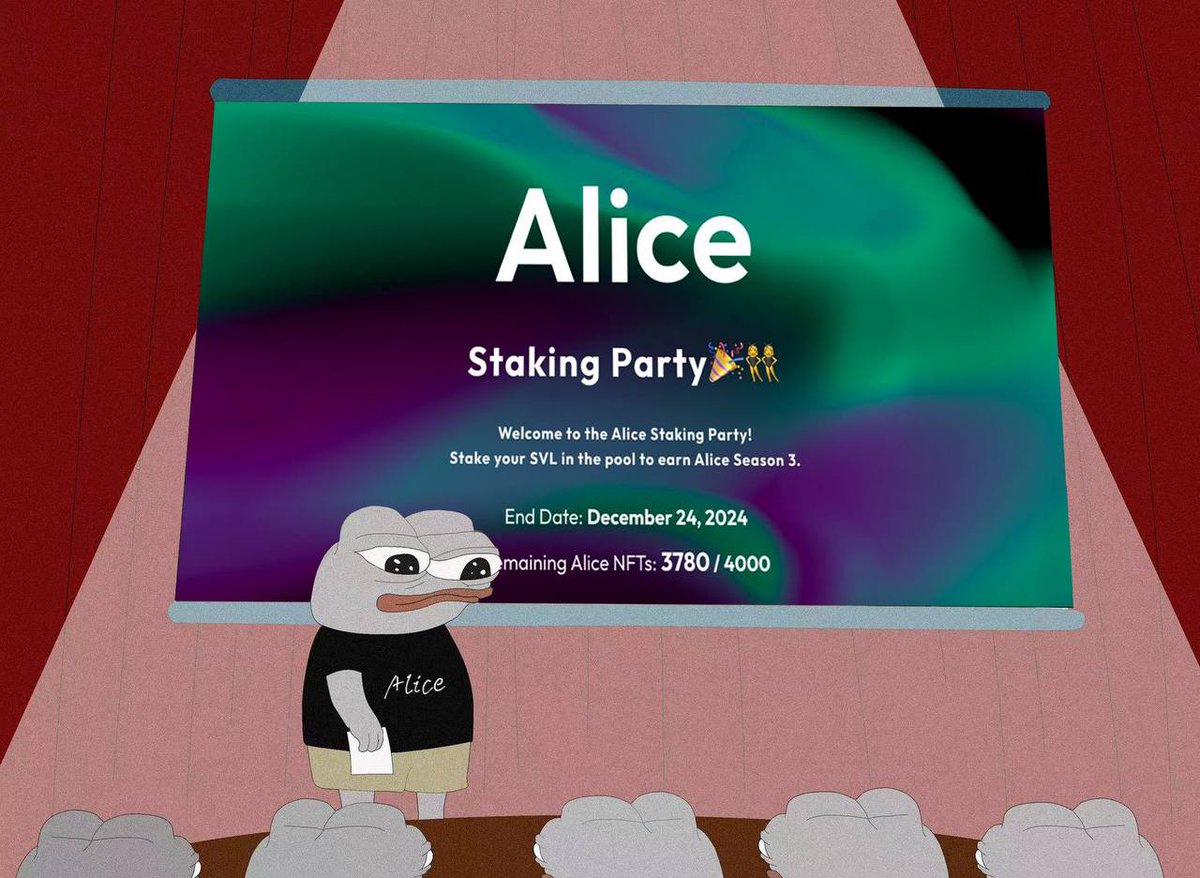 AliceNFT_SOCFdn's tweet photo. 🫵 Alice $SVL Staking Party 🫵
The current party is in full swing. From the first day of the party until now, more than 300 Alice Season 3 NFTs have found their rightful owners
Alice has always been an indispensable part of the Slash ecosystem. Similarly, the Alice Season 3 NFTs will not only have utility on the Slash Portal Vision website but will also enjoy the $SVL Airdrop Season 2.
🪅Come join our party and let's make this summer even more exciting
(https://t.co/H6Jxndgxol)