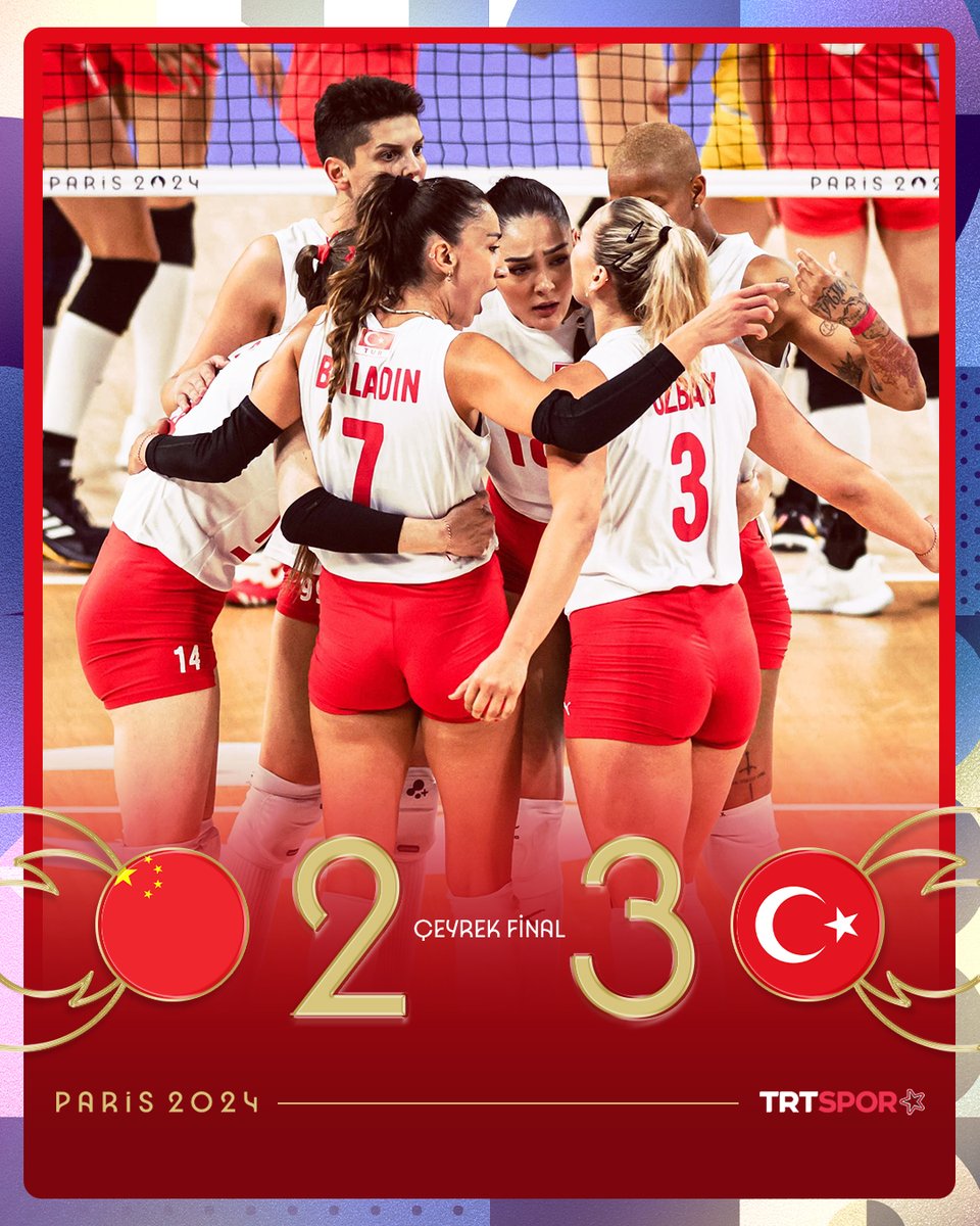 YARI FİNALDEYİİİZZZ!!! 🇹🇷🇹🇷🇹🇷

🏐 #Paris2024 çeyrek finalinde Çin'i 3-2 mağlup eden Filenin Sultanları, adını son 4 ülke arasına yazdırdı! 

🆚 25-23, 21-25, 24-26- 25-21 ve 12-15