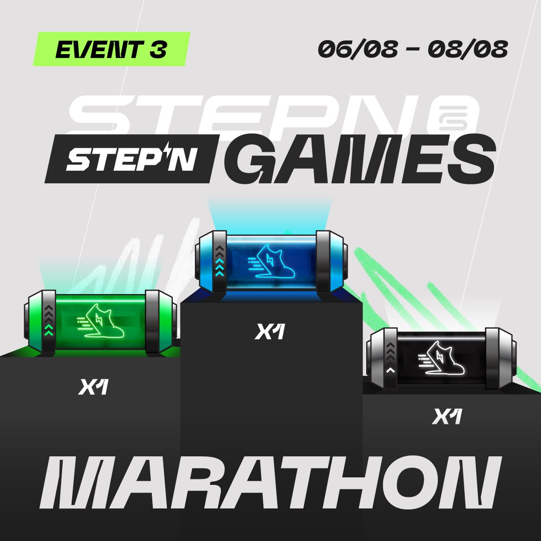 🏆 STEPN GAMES - 3rd Event 🏆

It's time for the ultimate endurance challenge: Marathon! 🏃

That’s simple: do the longest run possible!

The Energy you use will determine the medal you’re aiming for:
🥇 Gold Medal: Use at least 20 Energy
🥈 Silver Medal: Use at least 10 Energy