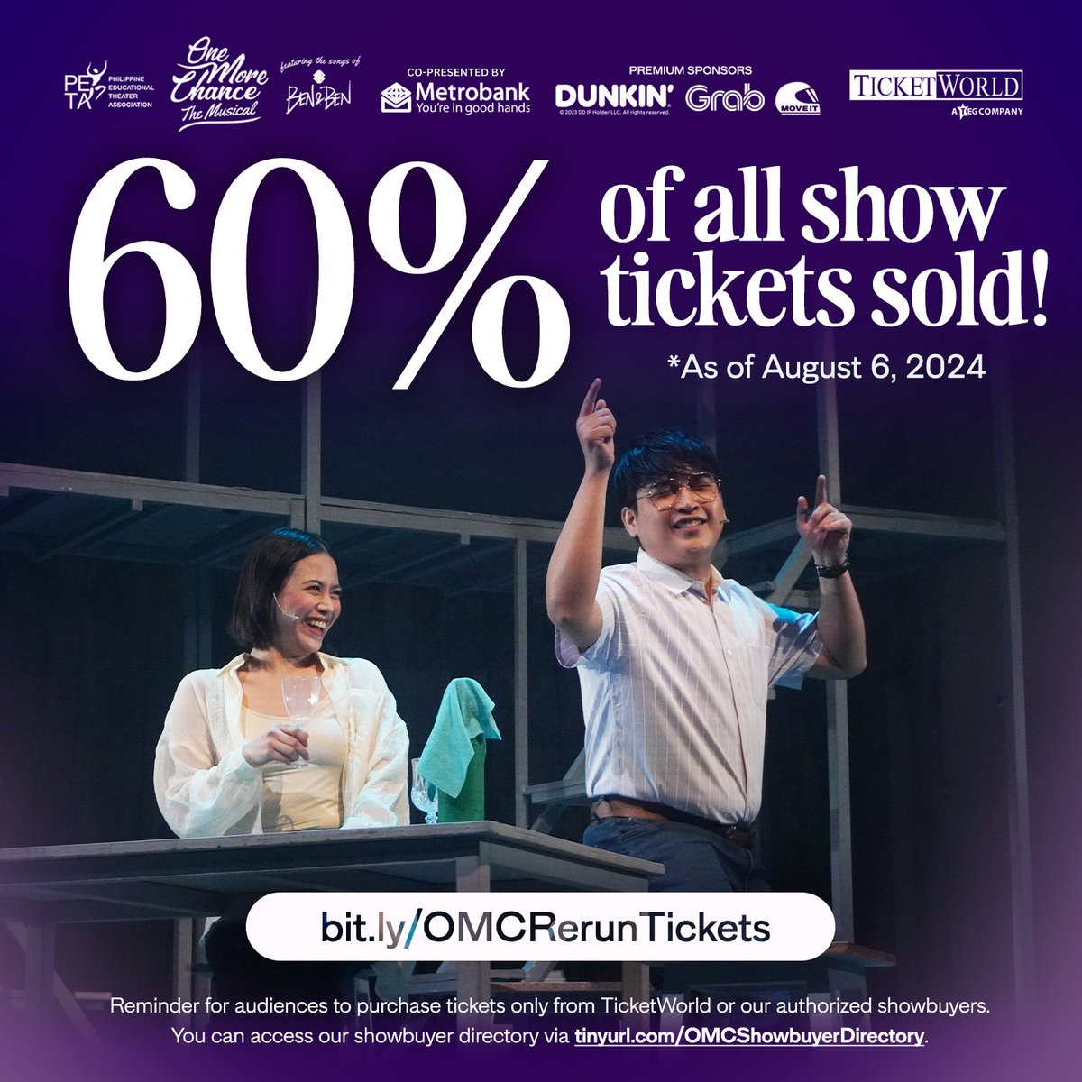 60% OF RERUN TICKETS SOLD! 🎉

Don't make the same mistake twice! Get your tickets now before it runs out! Go to bit.ly/OMCRerunTickets 🎟️

➡ #PETAOneMoreChance Rerun
🗓️ August 22 - October 27, 2024
📍 PETA Theater Center

#OMCTheMusical
#OMCXBenAndBen