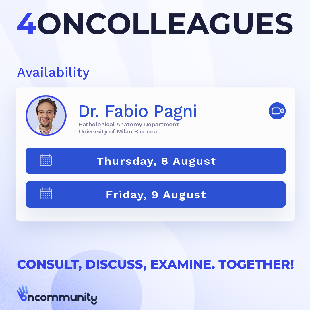 4oncommunity (@4oncommunity) on Twitter photo π#4oncolleagues Availability Updates
Dr. <a href="/FabioPagni1/">fabio.pagni@unimib.it</a> will be available on:
β
8 August 2024
β
9 August 2024
Click on the link below to book a #videomeeting and discuss privately with your colleague!
ππ4oncommunity.com/4oncolleagues/
#pathology4oncology π#4oncolleagues Availability Updates
Dr. <a href="/FabioPagni1/">fabio.pagni@unimib.it</a> will be available on:
β
8 August 2024
β
9 August 2024
Click on the link below to book a #videomeeting and discuss privately with your colleague!
ππ4oncommunity.com/4oncolleagues/
#pathology4oncology