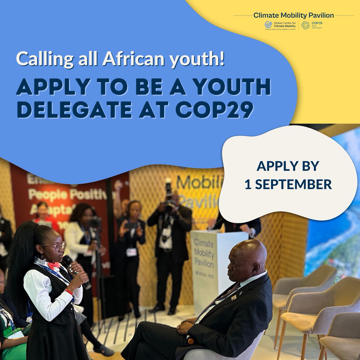 📣🌍 Calling all African youth climate advocates: apply to be a Youth Delegate at #COP29!

The 3rd annual Climate Mobility Pavilion Youth Programme will bring together a group of unique young people to advance climate action. 

Apply here: climatemobility.org/cop29-youth-ap…
