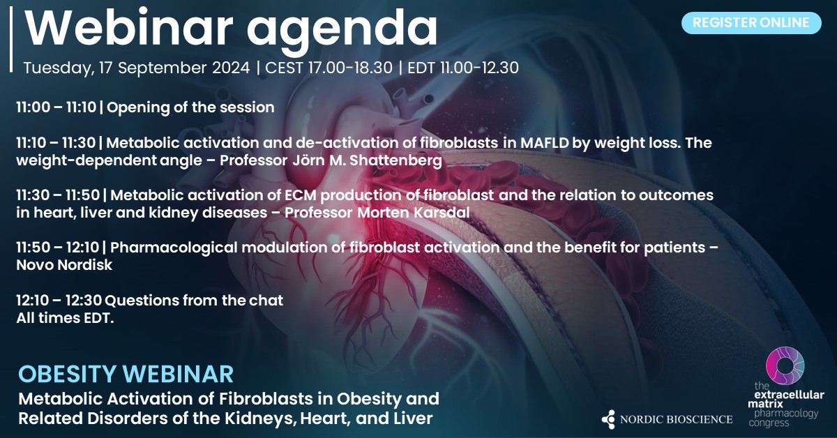 Our online symposia series will back in September with a focus on obesity after a successful ECM Pharmacology Congress!

Sign up now➡️ nordic-bioscience.webinargeek.com/ecm-pharmacolo…

#webinar #obesity #pharmacology #kidney #heart #liver