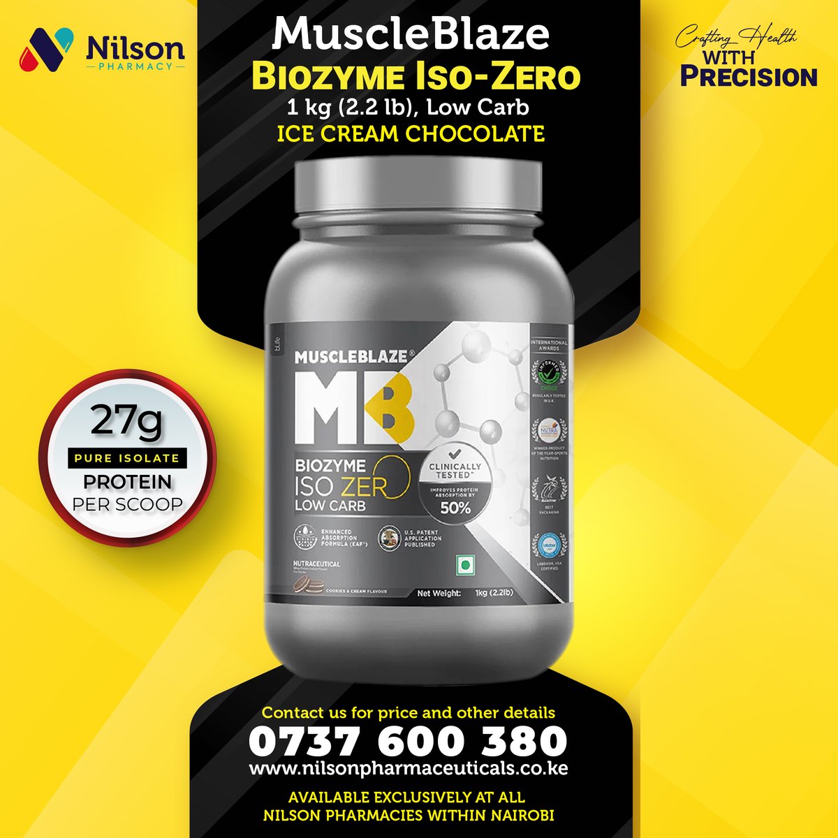 NilsonPharmacy's tweet photo. 💪 Elevate your fitness with MuscleBlaze Biozyme Iso-Zero Whey Protein!
 Enjoy 27g of pure isolate per scoop in delicious flavors like Ice Cream Chocolate! 
Exclusively at Nilson Pharmacy, Nairobi! 
📞 Call 0737 600 380 for details
#Gym #Fitness #WheyProtein #ProteinPerfection https://t.co/qhYfhmy2yr