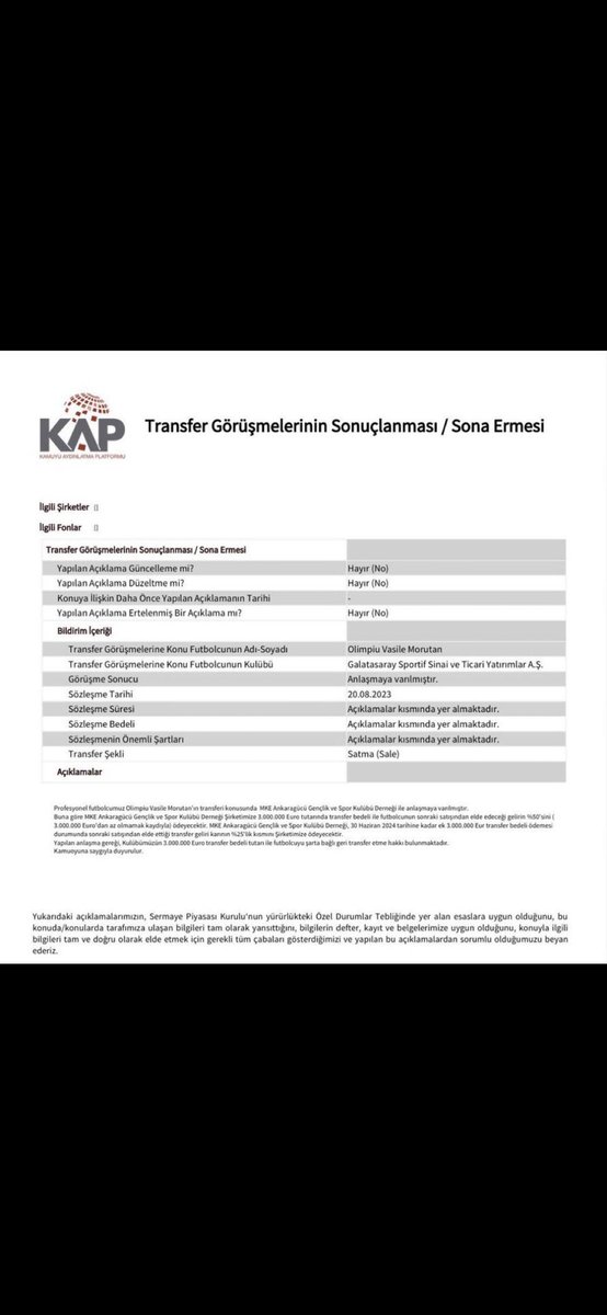 1-) <a href="/TFF_Org/">TFF</a> 'a..
GS’nin KAP bildirimine göre MORUTAN'ın MKE Ankaragücü'ne 3 milyon Euro’ya satışından dolayı  Ankaragünün kasasından bir para çıkışı ve GS'ya bir para girişi olmuşmudur.
Eğer herhangi bir para girişi yoksa bu GS'nin TFF harcama limitlerine nasıl  yansımıştır.