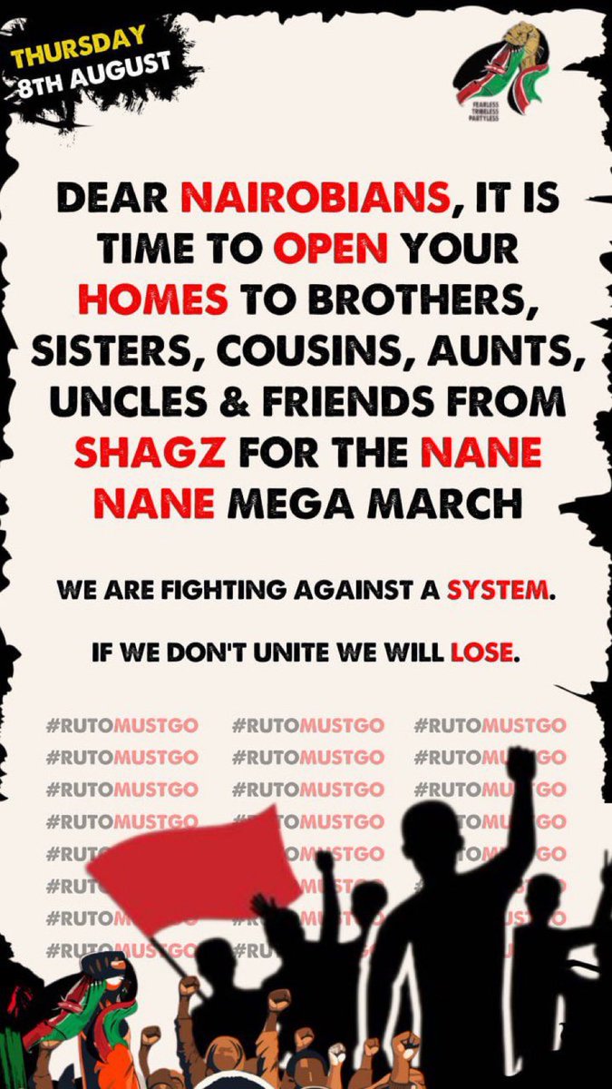 Laikkah's tweet photo. 🏠 Help Us Support the Movement! 🏠
If you're in Nairobi and can offer Patriots a place to stay, your support would be invaluable. Providing a safe space helps ensure our movement's success and shows our collective strength. Together, we can make a real impact! 🙌 #NaneNaneMarch https://t.co/fE3AcoeWlB