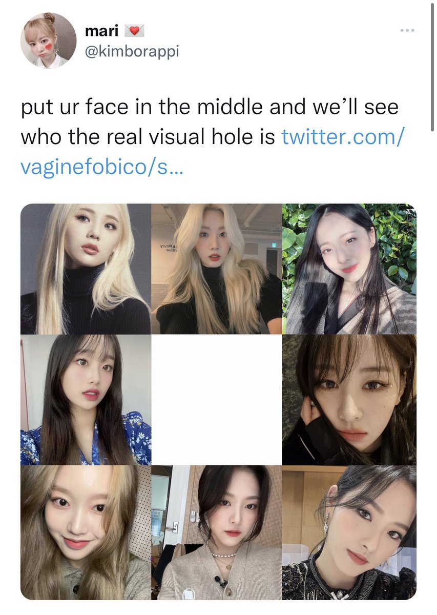 Bb_menita03's tweet photo. (THREAD) orbit tweet screenshots / copypasta from loona island

1. like your faves are visual holes worry about that heejin is the only cute of that flop group

put your faves in the middle and we'll see who the real visual hole is https://t.co/r2nCh2ZFtl