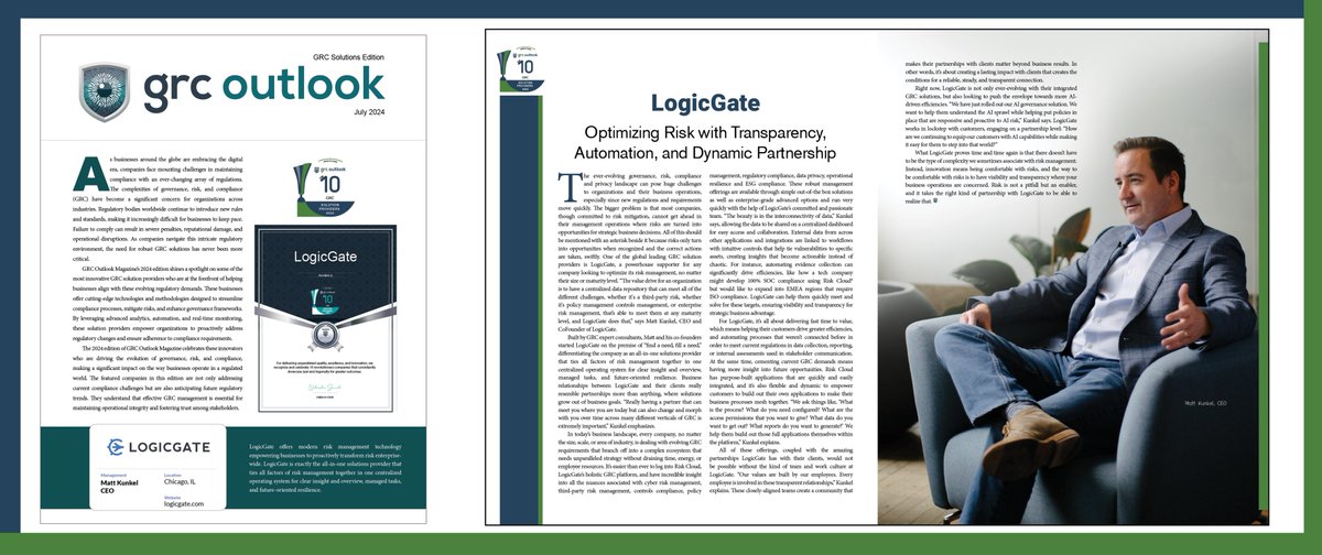 We extend our congratulations <a href="/LogicGate/">LogicGate</a> on your remarkable achievement of being ranked among the Top 10 GRC Solution Providers 2024 companies in GRC Outlook Magazine! grcoutlook.com/logicgate/ #RiskManagement #GRC #ComplianceSolutions #GovernanceInnovation #RiskAssessment