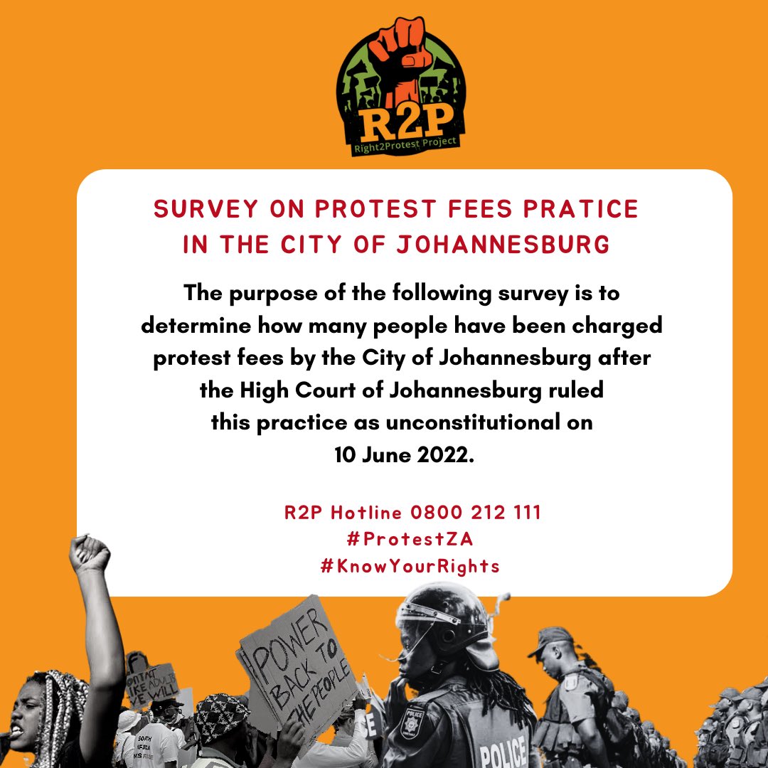 Protest Fee 2024 Survey 📈📢

Have you been charged by JMPD to protest after 10 June 2022? If yes,take our survey by clicking the link below and make your voice heard! 

Fill in survey here and do not forget to add supporting documentation: forms.gle/Mz6T5nBe16rkkJ…

#R2P