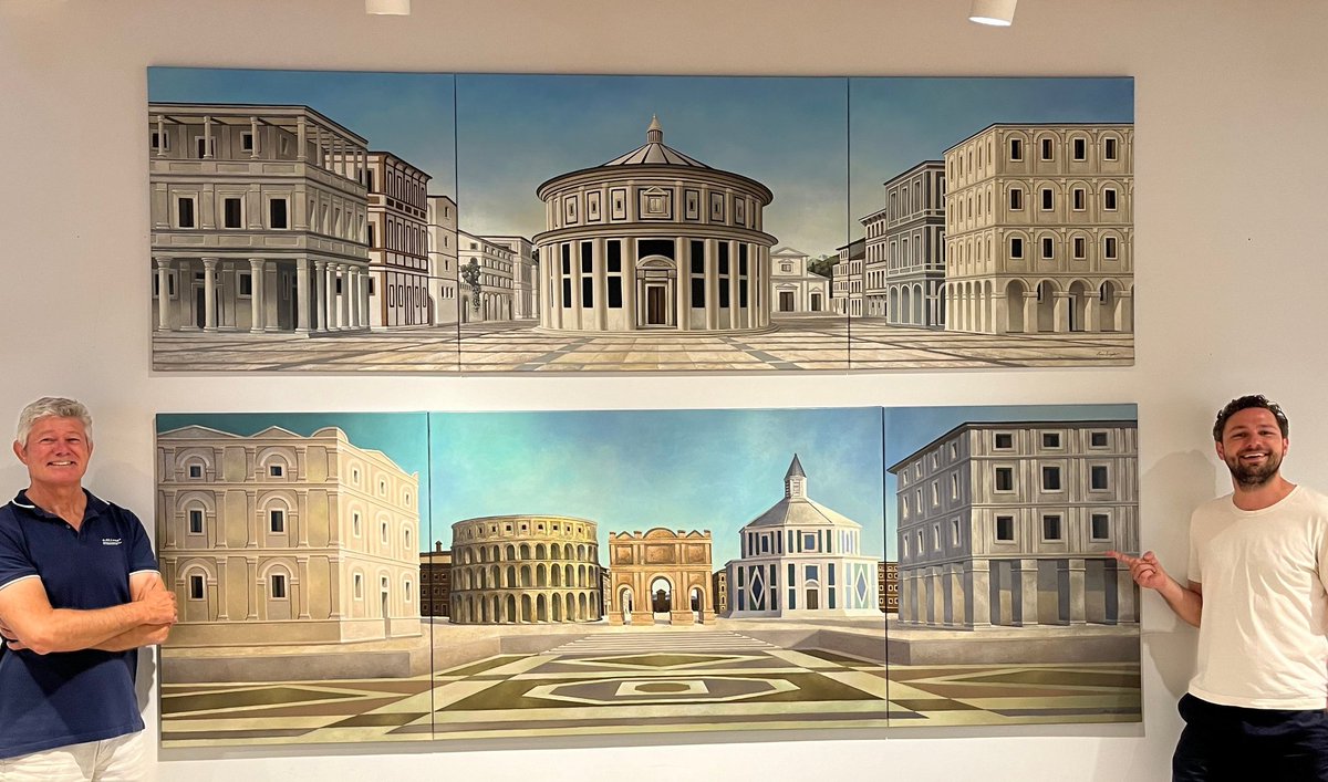 Presenting my artwork at the OMRT company in Amsterdam. I made copies of the famous paintings titled 'The Ideal City' from the Renaissance period, both about 3 meters in width like the originals.
