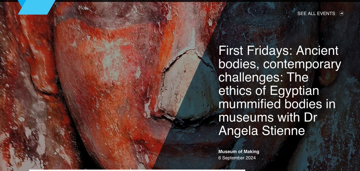 Dr Angela Stienne (@angela_stienne) on Twitter photo ONE MONTH TO GO!
My first in-person talk this year & I cannot wait <a href="/derbymuseums/">Derby Museums</a> <a href="/MuseumofMaking/">Museum of Making at Derby Silk Mill</a>
Ancient bodies, contemporary challenges: The ethics of Egyptian mummified bodies in museums with Dr Angela Stienne
6 September 2024
£5 or £10 w/ exhibit
derbymuseums.org/event/first-fr… ONE MONTH TO GO!
My first in-person talk this year & I cannot wait <a href="/derbymuseums/">Derby Museums</a> <a href="/MuseumofMaking/">Museum of Making at Derby Silk Mill</a>
Ancient bodies, contemporary challenges: The ethics of Egyptian mummified bodies in museums with Dr Angela Stienne
6 September 2024
£5 or £10 w/ exhibit
derbymuseums.org/event/first-fr…