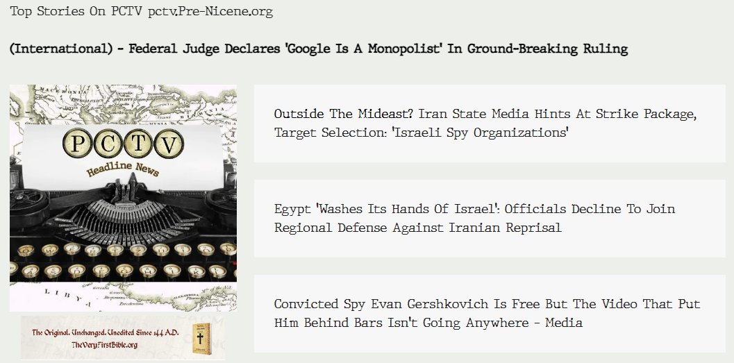 PreNicene_TV's tweet photo. PreNicene TV #Headlines 8/6/24
#tuesdaymotivations #iran #google #egyptdenial #PCTV
https://t.co/hmAkZUXW7E
Lead Story: Federal Judge Declares 'Google Is A Monopolist' In Ground-Breaking Ruling https://t.co/KvdtJBvjFO
